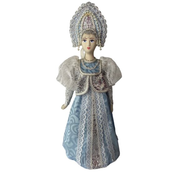 Traditional Russian Folk Doll Blue Dress W/Silver & Lace Handcrafted Collectible - Picture 1 of 11